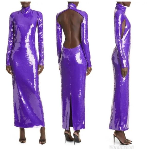 Revolve LaQuan Smith Orange Sequin Mock Neck Long Sleeve Cutout Column Gown L - Picture 3 of 10